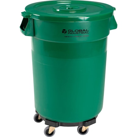 Global Industrial Plastic Trash Can with Lid & Dolly, 32 Gallon Green 240460GNB